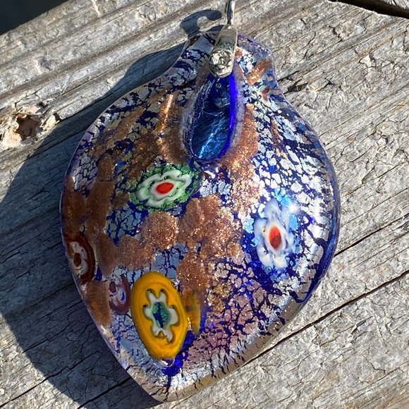 Beautiful Floral Millefiori Glass Pendant Multicolor Flowers 2 1/2" x 2 3/4" - Picture 4 of 8